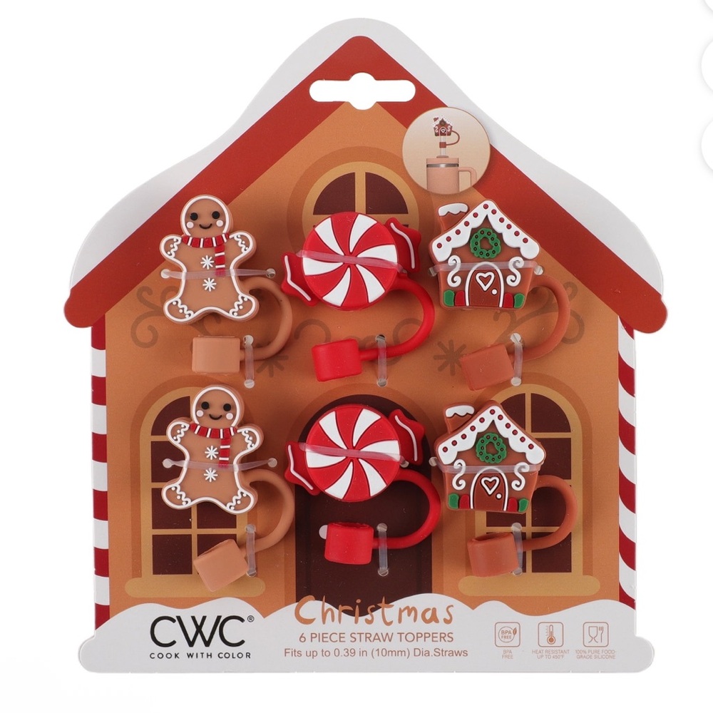 New! Set of 6 Straw Toppers: Gingerbread Man & House, Peppermint